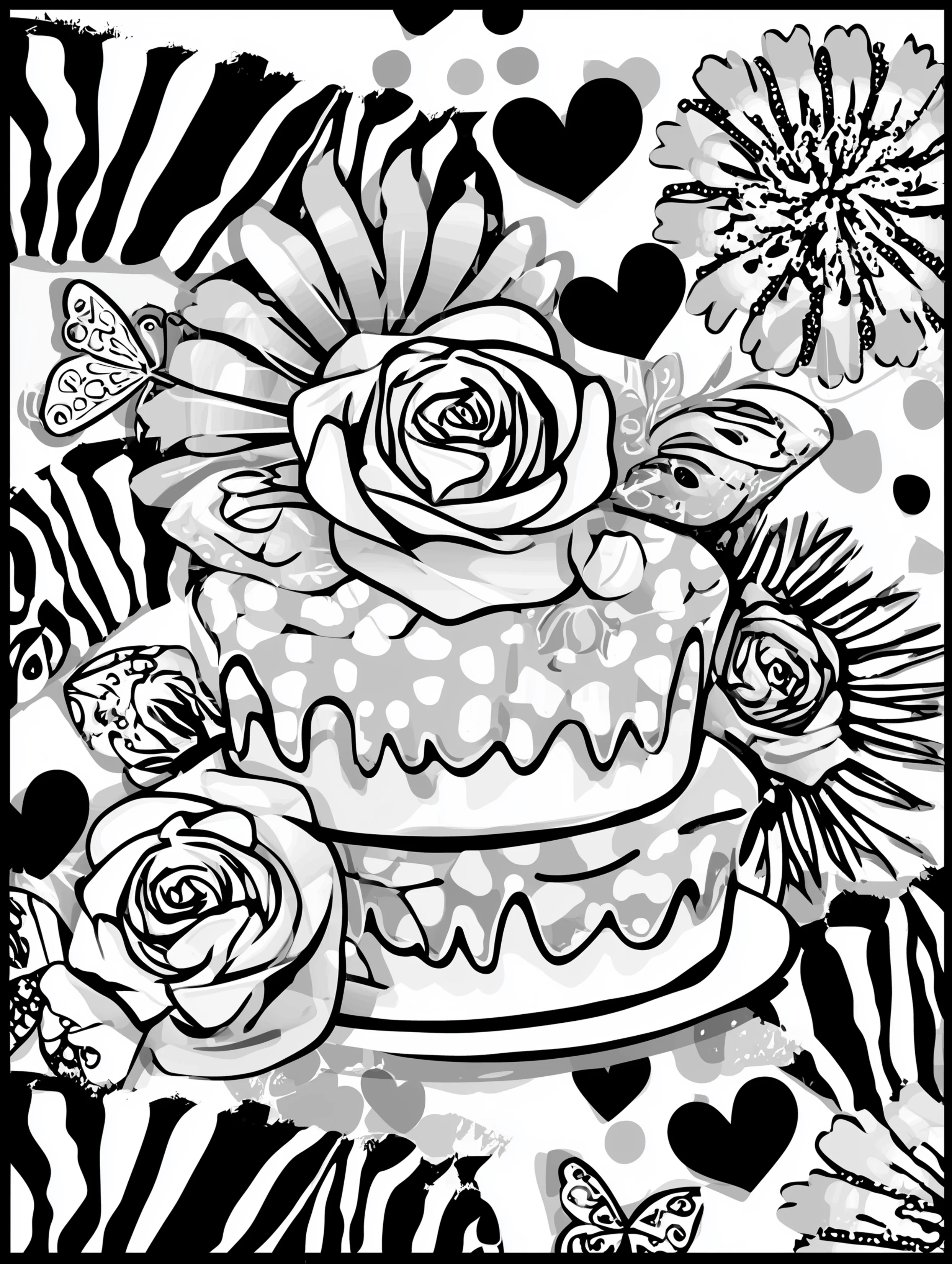 Free printable birthday coloring page for adults featuring a cake with hearts
